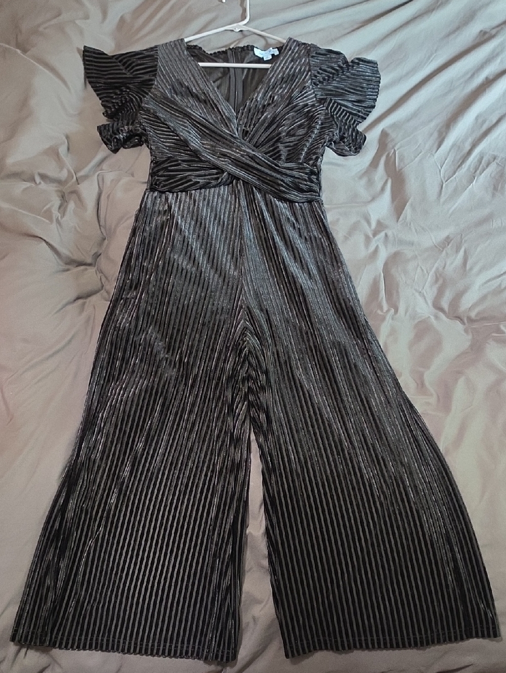 She + Sky Velvet Metallic Charcoal Pleated Jumpsuit with Flutter Sleeves